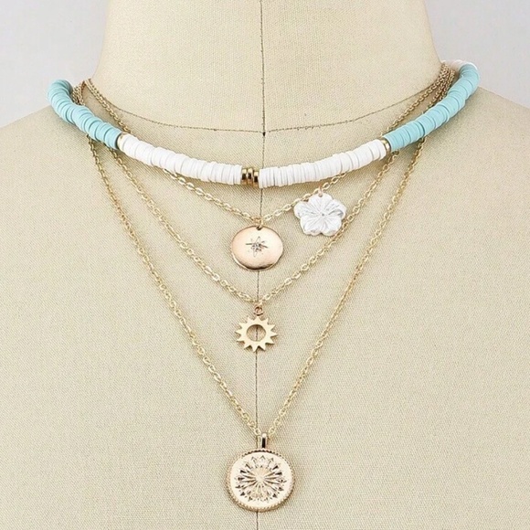Boho Gold Tone Seashell Flower Sun Multilayer Necklace - Picture 2 of 3